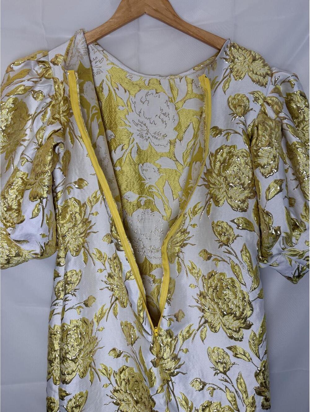 Vintage 1980s Metallic Gold Floral Brocade Puff Sleeve Dress with Flounce Hem - Picture 3 of 9